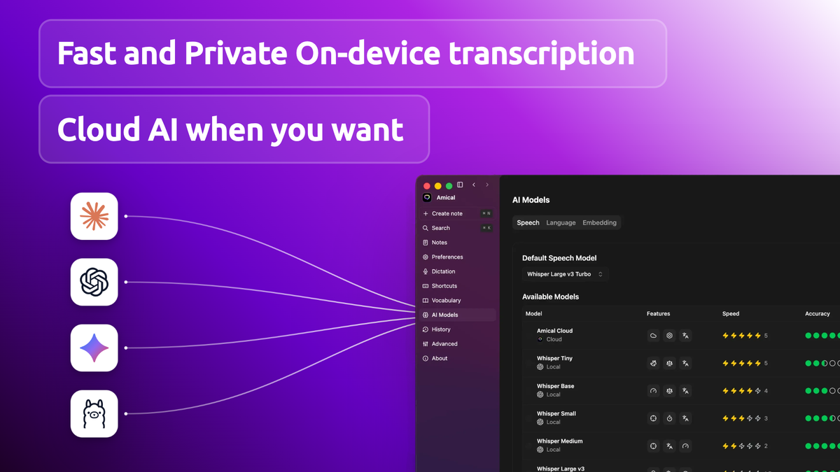 Amical local or cloud AI model selection — official product screenshot
