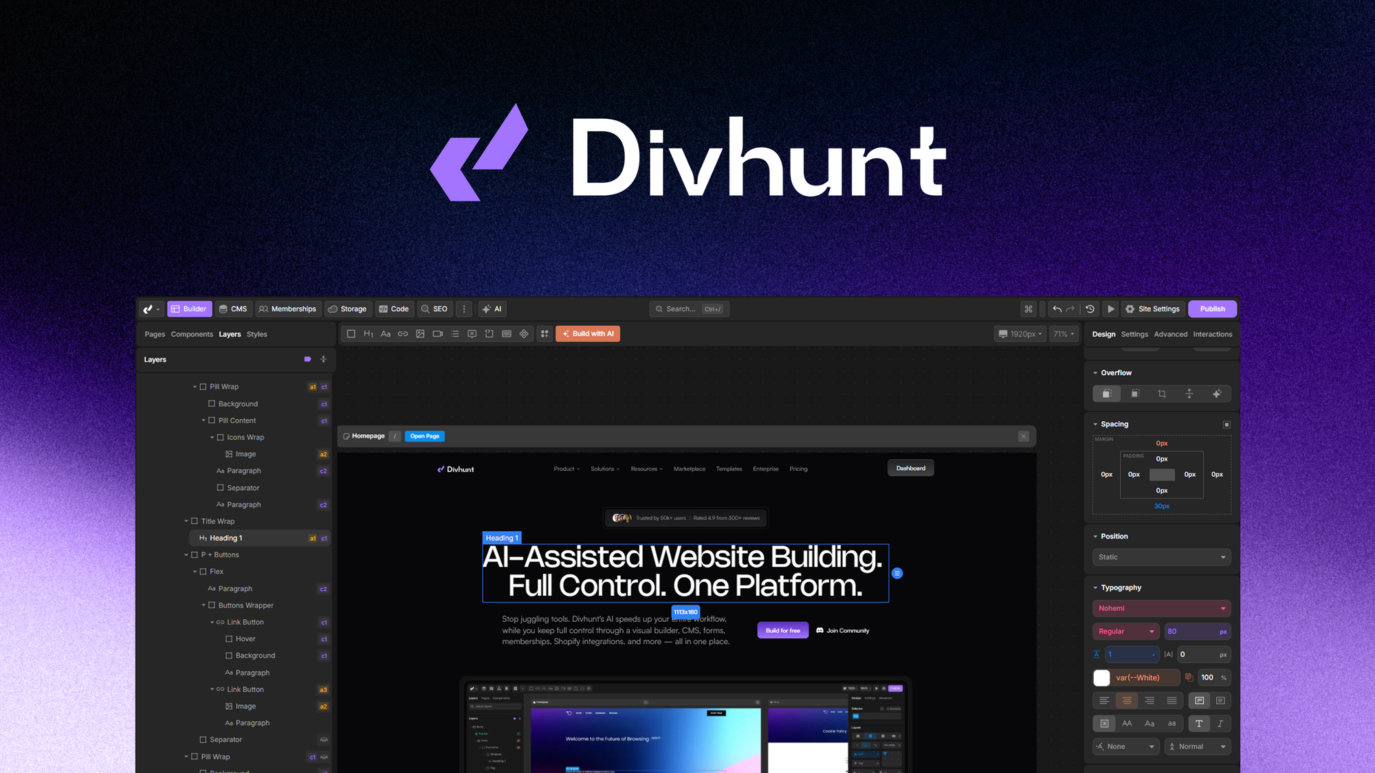 Divhunt visual canvas builder — official product screenshot