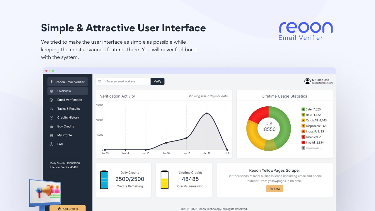 Reoon Email Verifier bulk verification dashboard — official product screenshot