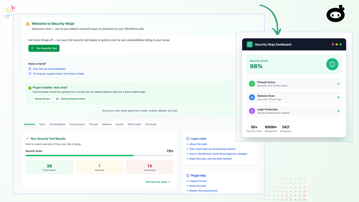 WP Security Ninja setup wizard dashboard — official product screenshot