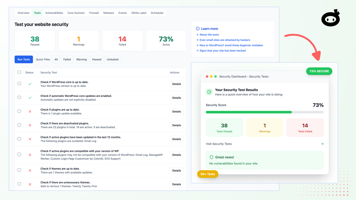 WP Security Ninja security test results report — official product screenshot